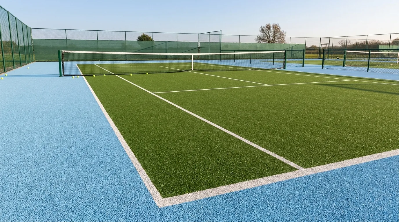 Outdoor tennis court covered in synthetic turf with white court lines, created with Pointcarre turf design software