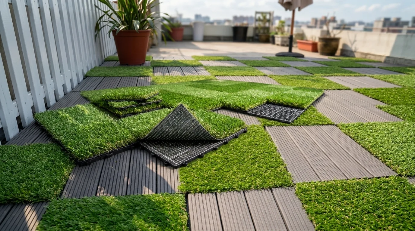 Synthetic turf tiles being laid on a rooftop terrace, planned with Pointcarre Tiling software